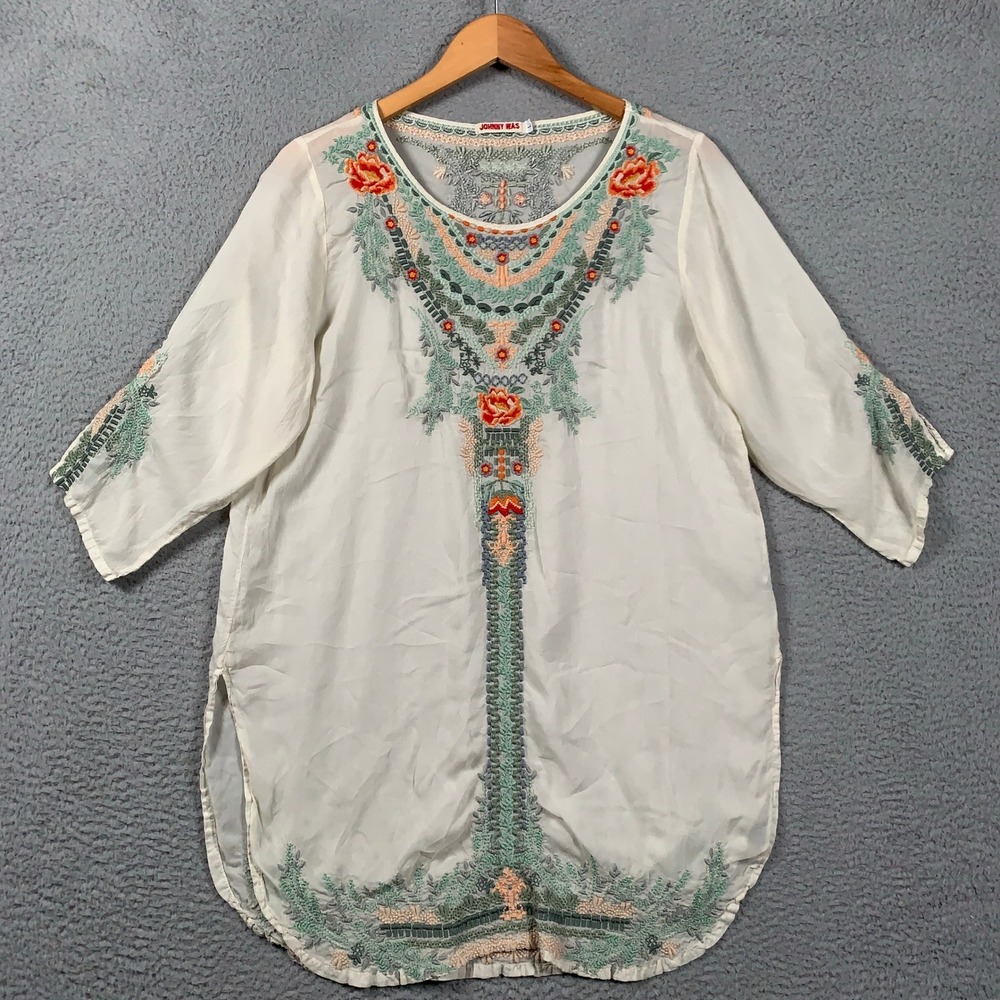 Johnny Was Silk Biya Tunic Top Women's Large L Ivory Embroidered Floral Boho 3/4